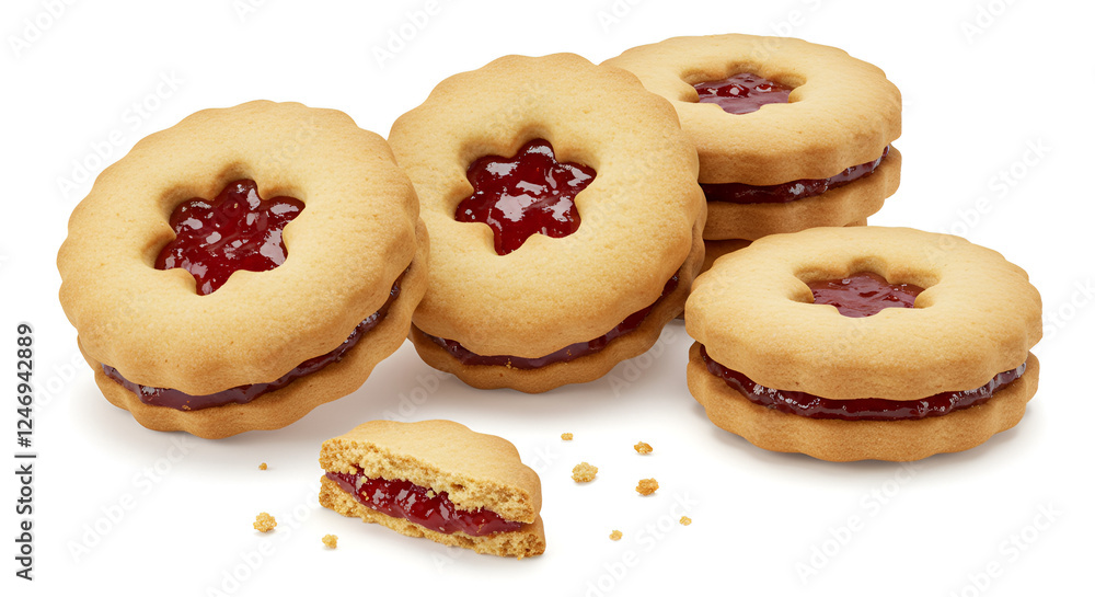 Traditional Christmas Linzer cookies filled with sweet jam, isolated on a white background. Traditional Christmas Linzer cookies filled with sweet jam, isolated on a white background.