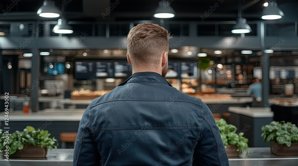 Man in casual jacket observes modern cafe interior with plants and menu boards during busy lunchtime in urban setting Man in casual jacket observes modern cafe interior with plants and menu boards during busy lunchtime in urban setting