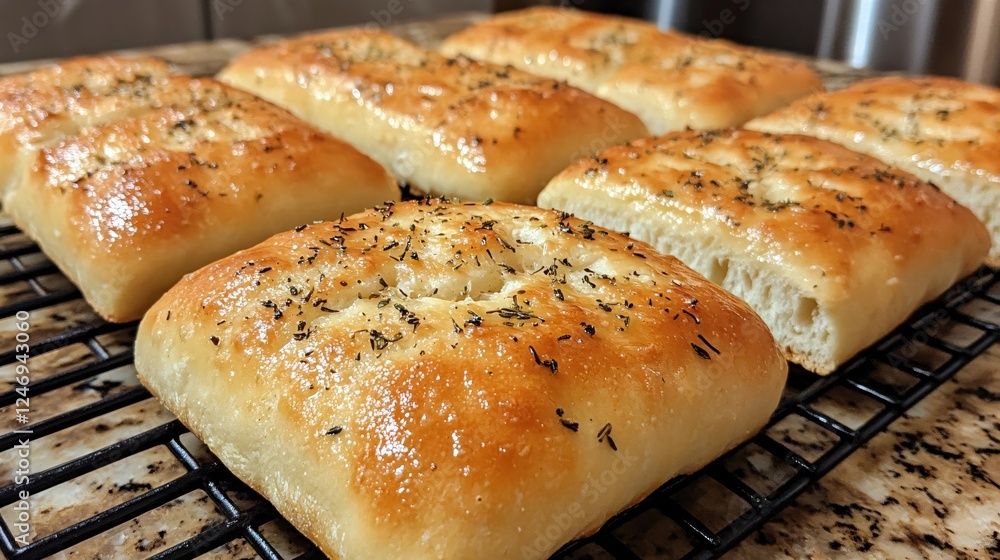 Fresh baked focaccia bread with herbs on a cooling rack ready to be served for a delicious meal Fresh baked focaccia bread with herbs on a cooling rack ready to be served for a delicious meal