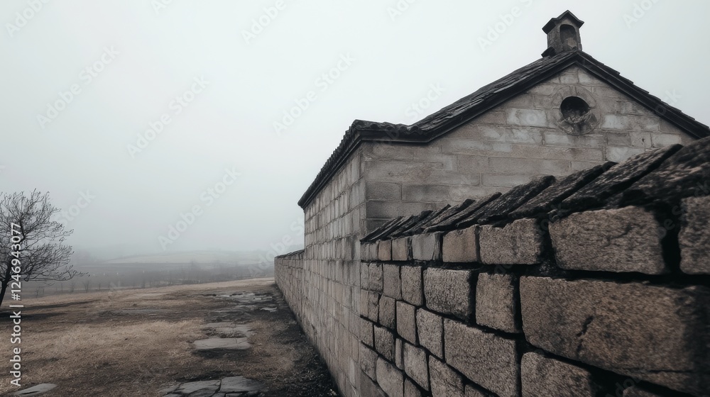 Fototapeta premium Foggy day, stone wall, rural building, misty landscape, travel photography