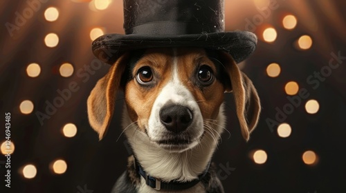 Cartoon dog face with a magician's hat, magic show background with rabbits photo