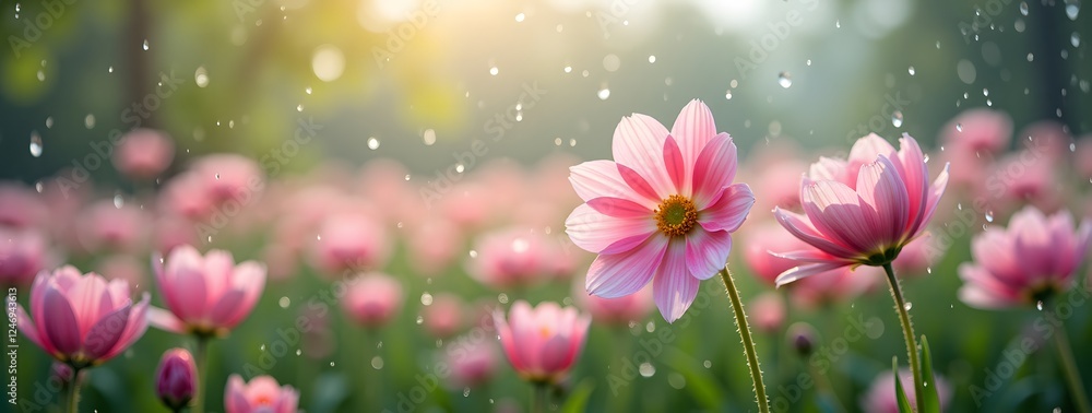 Pink flowers in sunlit garden during rainfall