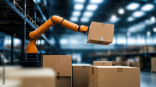 An automated robotic arm efficiently lifts and maneuvers cardboard boxes within a bustling warehouse setting, all under bright daylight photo