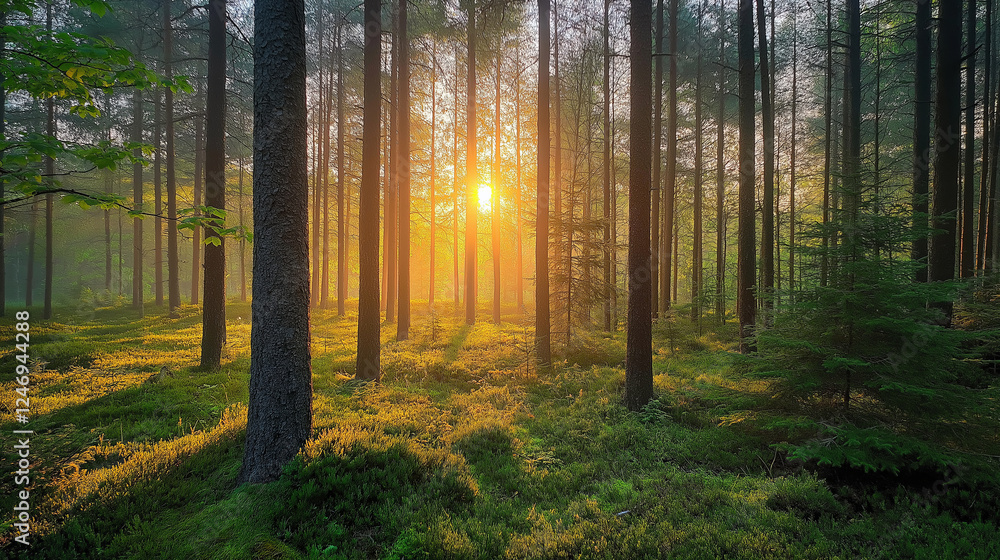A sunrise over a misty forest, with golden light filtering through the trees. A sunrise over a misty forest, with golden light filtering through the trees.