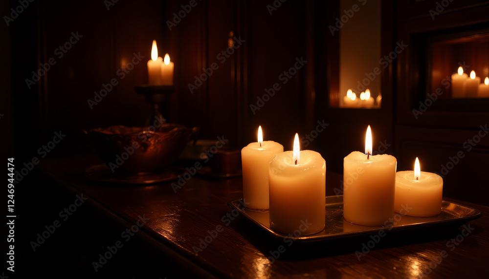Warm glow of candles illuminating a cozy setting in a rustic room at twilight Warm glow of candles illuminating a cozy setting in a rustic room at twilight