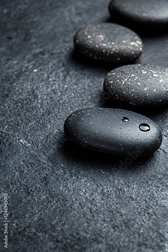 Smooth black stones with water drops on a textured dark surface creating a zen and calm feeling