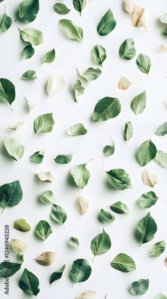 80. An artistic scattering of green and dry leaves forming a subtle texture on white 80. An artistic scattering of green and dry leaves forming a subtle texture on white
