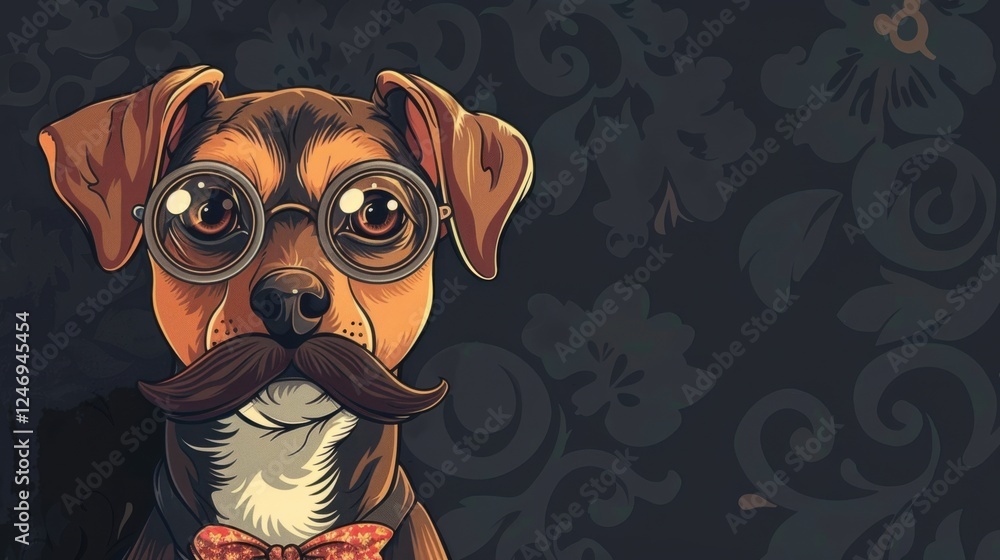 Fototapeta premium Cartoon dog face with a mustache, vintage background with monocles
