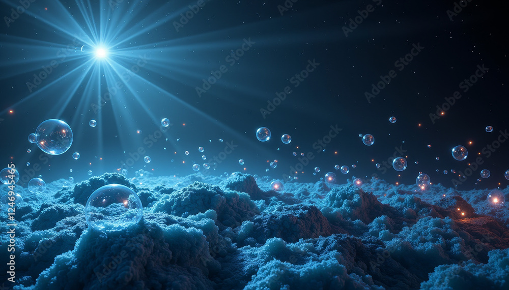 Fototapeta premium Floating bubbles in a dreamy cosmic cloudscape illuminated by radiant starlight during a serene night