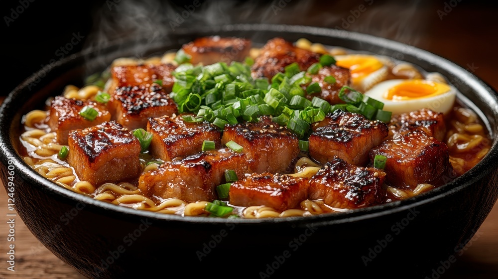 Steaming ramen bowl, meat, egg, spring onions, wood background; food blog, recipe Steaming ramen bowl, meat, egg, spring onions, wood background; food blog, recipe