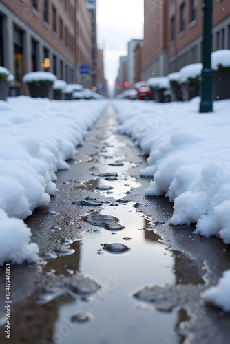 Snow-lined urban street with melted water reflecting cityscape photo