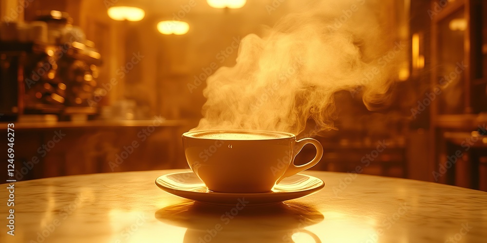 Warm steaming coffee cup resting on a saucer on a table in a cozy cafe during the golden hour Warm steaming coffee cup resting on a saucer on a table in a cozy cafe during the golden hour