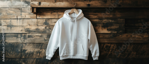 Stylish white hoodie mockup hanging on rustic wooden background, perfect for showcasing casual wear. Ideal for fashion branding and design presentations