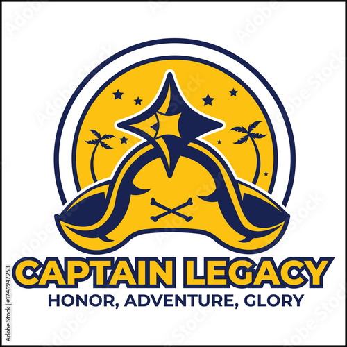 vector illustration design of captain legacy logo with pirate hat in yellow and blue colors. suitable for logos, icons, posters, advertisements, banners, companies, t-shirt designs, stickers, websites