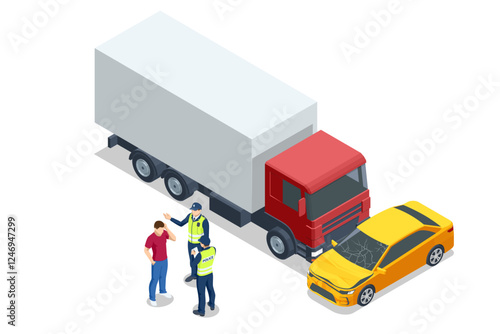 Car crash. Isometric vector scene of a road accident involving a truck, car, police, and ambulance. Paramedics assist an injured person while police document the accident.