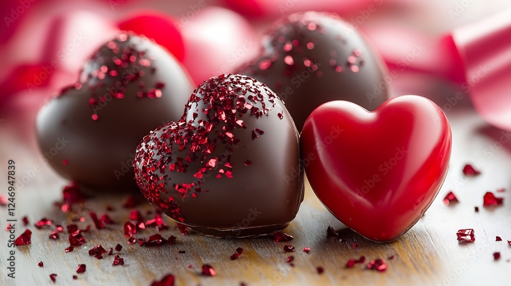 Romantic Chocolate Heart Truffles with Red Glitter for Valentine's Day : Generative AI Romantic Chocolate Heart Truffles with Red Glitter for Valentine's Day : Generative AI
