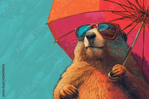 The illustration showcases a beaver character donning a pair of sunglasses and holding a pink umbrella, standing against a backdrop of a clear blue sky on a bright sunny day