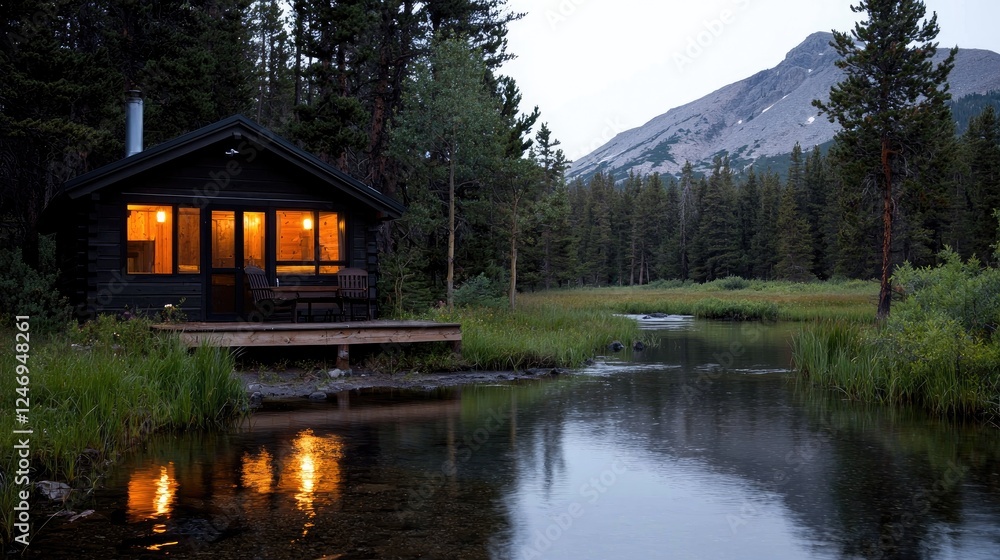 Obraz premium Mountain cabin river evening tranquil escape