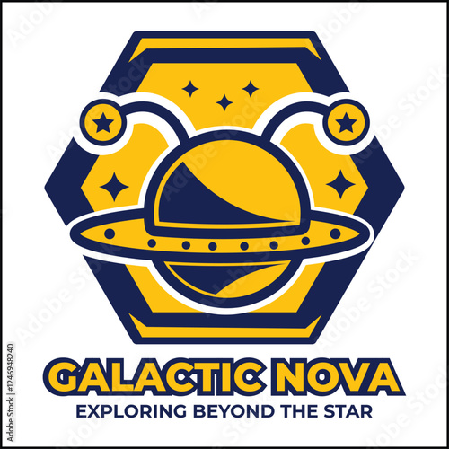Galactic Nova logo illustration vector design with UFO in yellow and blue colors. suitable for logos, icons, posters, advertisements, banners, companies, t-shirt designs, stickers, websites.