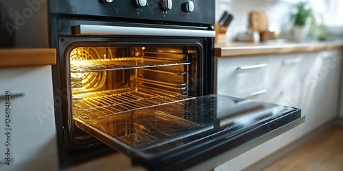 Brightly lit oven with open door showcasing the interior in a modern kitchen setting