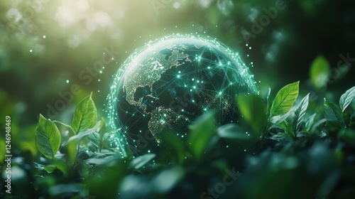 Fototapeta Naklejka Na Ścianę i Meble -  A digital globe surrounded by lush greenery, symbolizing technology and nature.