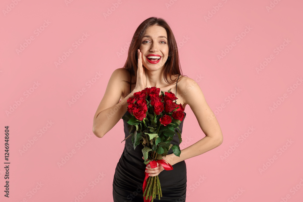 Happy Valentine's Day. Surprised woman with bouquet of roses on pink background Happy Valentine's Day. Surprised woman with bouquet of roses on pink background