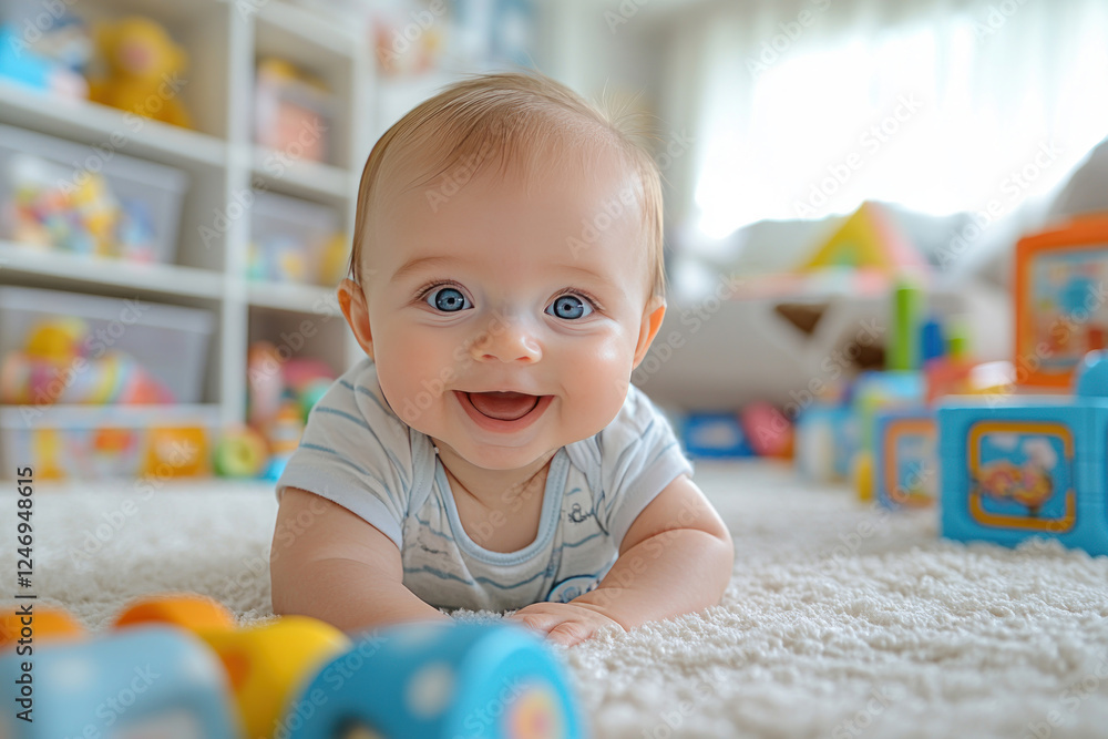 smiling baby with big blue eyes lying on a soft carpet in a nursery. smiling baby with big blue eyes lying on a soft carpet in a nursery.