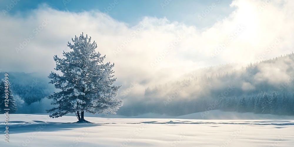 Lonely Pine Tree in a Snowy Winter Landscape Under Bright Sky : Generative AI Lonely Pine Tree in a Snowy Winter Landscape Under Bright Sky : Generative AI