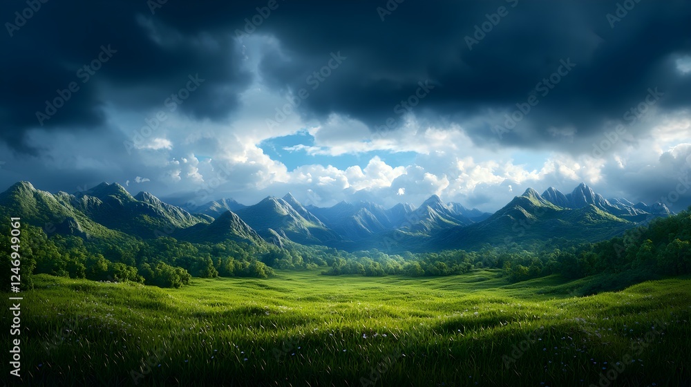 Fototapeta premium Luminous Meadow and Dramatic Mountain Range Under a Stormy