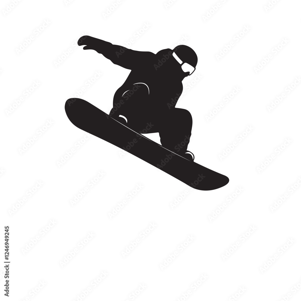 Silhouette vector illustration of a snowboarder mid-air on a white background