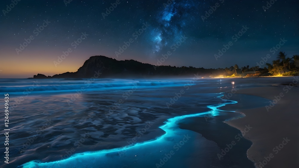 Fototapeta premium A moonlit beach where glowing blue bioluminescent waves crash gently onto the shore, illuminating the wet sand with an ethereal neon glow