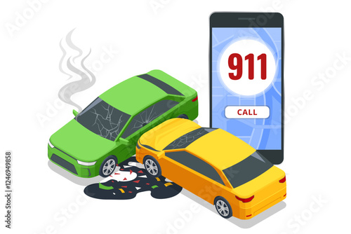Car crash. Isometric vector illustration of a car accident with two damaged cars. Calling emergency services, with a 911 speech bubble above him. Smoke and oil spill visible