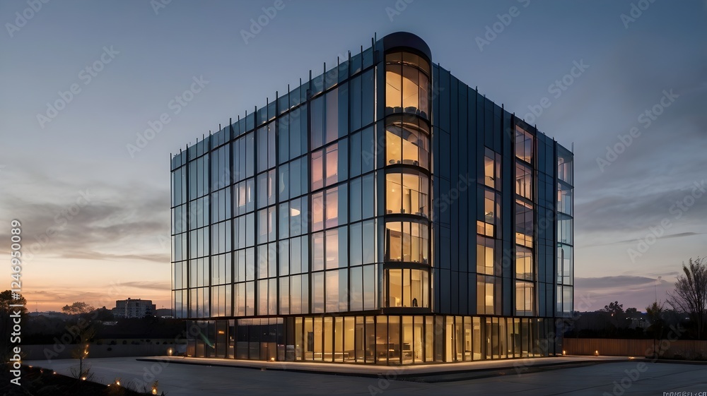 A detailed image of a contemporary building with sleek lines and glass facades, set against a twilight sky, exemplifying modern architectural design