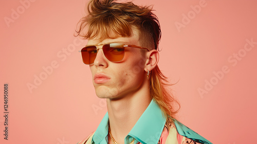 confident young man with a retro mullet, wearing orange-tinted aviator sunglasses and a patterned shirt, striking a bold pose against a soft pink background