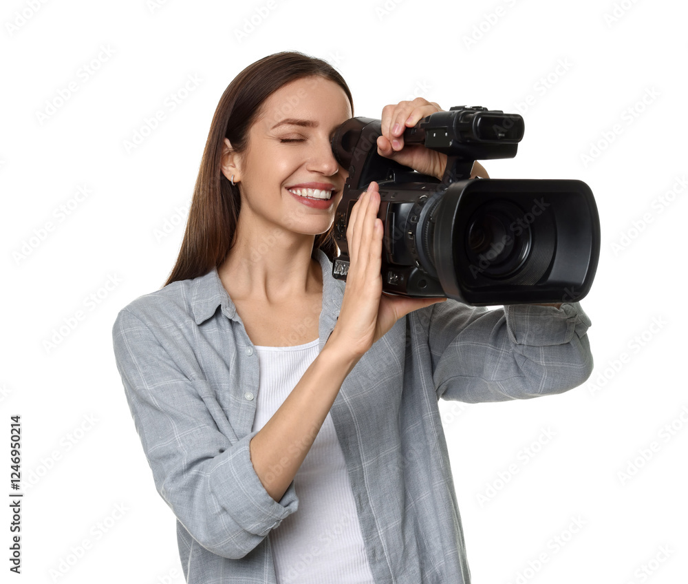 Happy woman with professional video camera on white background Happy woman with professional video camera on white background