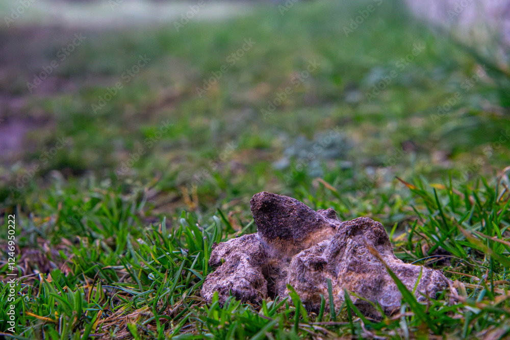 dog feces lying on the lawn in the park. old moldy dog droppings. dog feces lying on the lawn in the park. old moldy dog droppings.