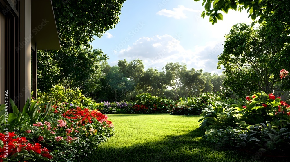Fototapeta premium Lush Garden with Red Flowers and Green Grass