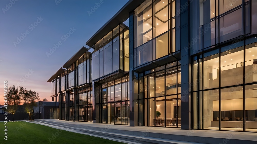 custom made wallpaper toronto digitalA detailed image of a contemporary building with sleek lines and glass facades, set against a twilight sky, exemplifying modern architectural design