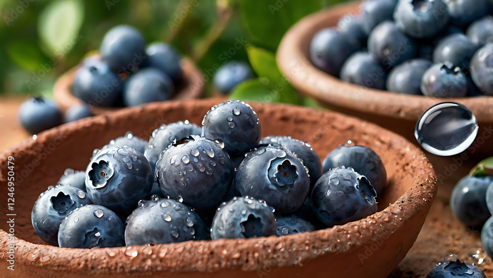 Juicy fresh blueberries with dew drops lie in a rustic clay bowl. Juicy fresh blueberries with dew drops lie in a rustic clay bowl.