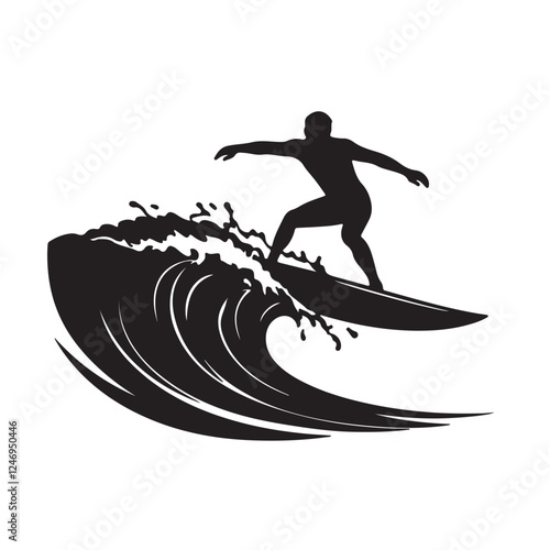 Silhouette vector illustration of a surfer riding a wave on a white background