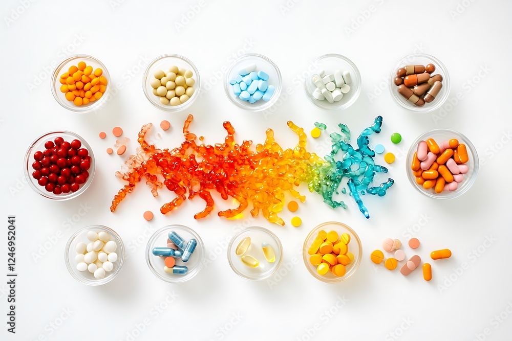 A dragon born multivitamin site with various pills and wisp in small bowl on a white background A dragon born multivitamin site with various pills and wisp in small bowl on a white background