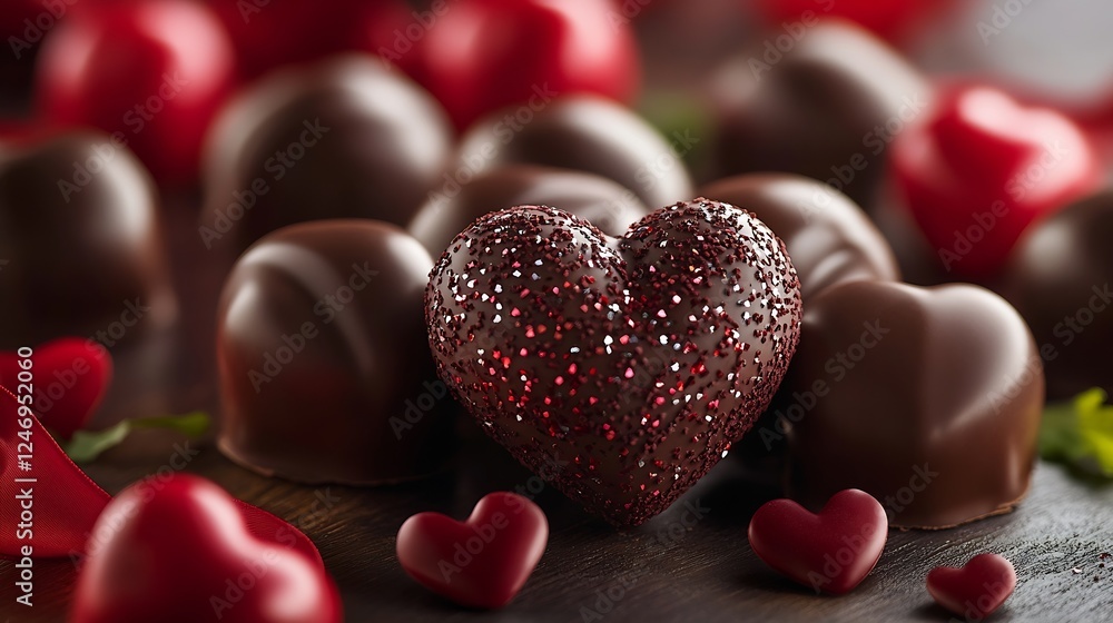 Obraz premium Elegant Chocolate Heart Candies in Red Hues for Romantic Celebrations and Gifting Ideas : Generative AI