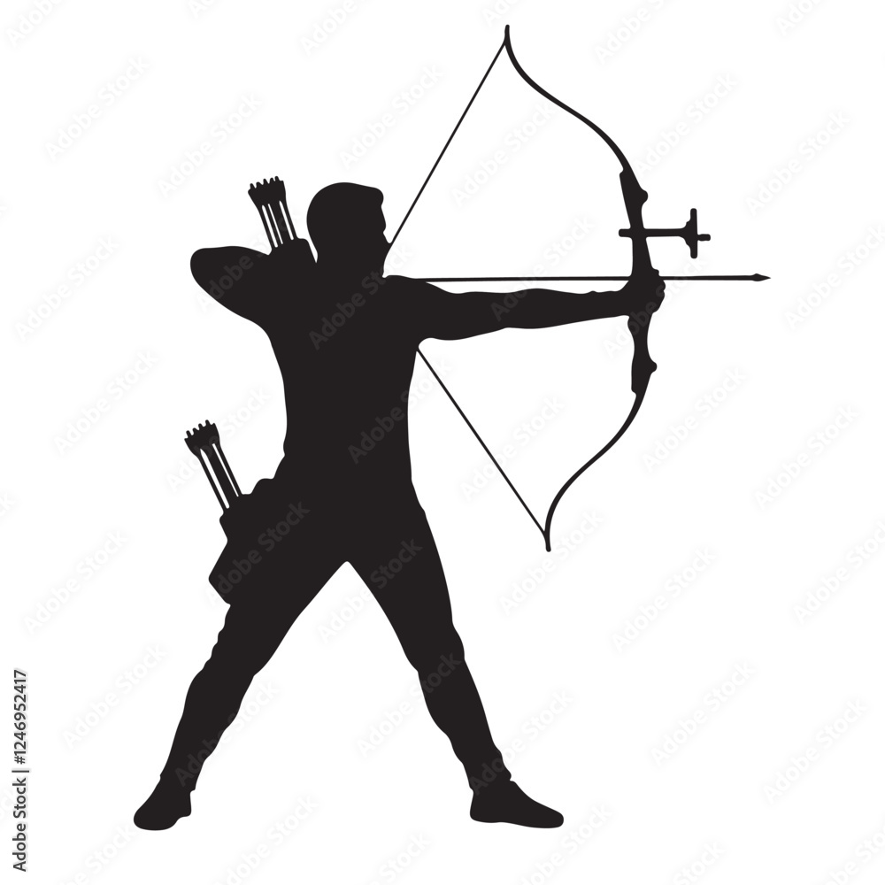 Silhouette vector illustration of an archer aiming a bow on a white background Silhouette vector illustration of an archer aiming a bow on a white background