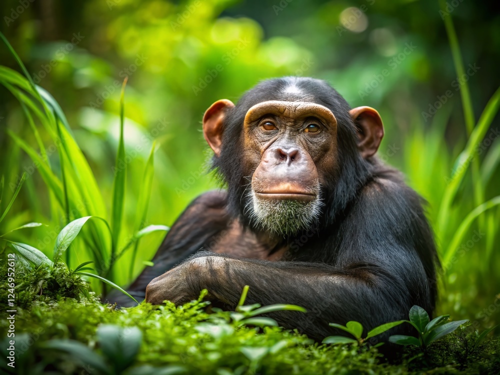 Relaxed Chimpanzee in Lush Jungle Setting - Copy Space Relaxed Chimpanzee in Lush Jungle Setting - Copy Space