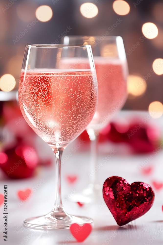 Romantic Pink Sparkling Wine with Heart Decorations Ideal for Valentines Day : Generative AI Romantic Pink Sparkling Wine with Heart Decorations Ideal for Valentines Day : Generative AI