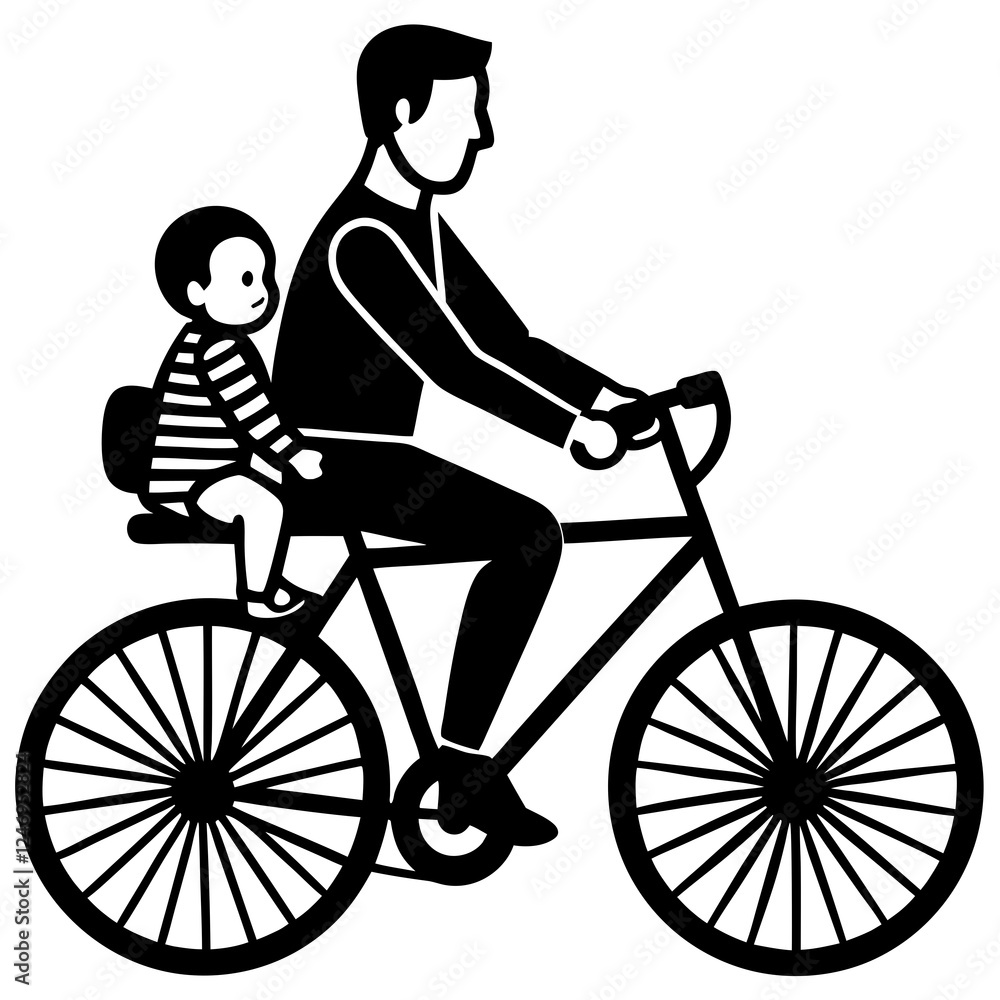 A dad riding a bicycle with his child in a baby silhouette vector illustration A dad riding a bicycle with his child in a baby silhouette vector illustration
