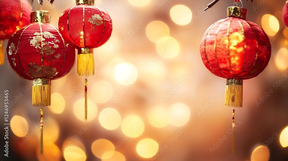 Vibrant Red Lanterns Decorated for Lunar New Year Celebration with Golden Accents and Bokeh Lights : Generative AI Vibrant Red Lanterns Decorated for Lunar New Year Celebration with Golden Accents and Bokeh Lights : Generative AI