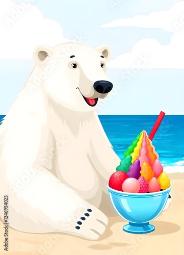 vector background with polar bear eating Japanese shaved ice dessert on the beach for banners, cards, flyers, social media wallpapers, etc.