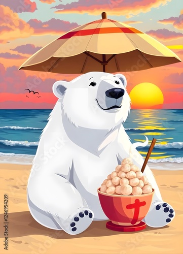vector background with polar bear eating Japanese shaved ice dessert on the beach for banners, cards, flyers, social media wallpapers, etc.