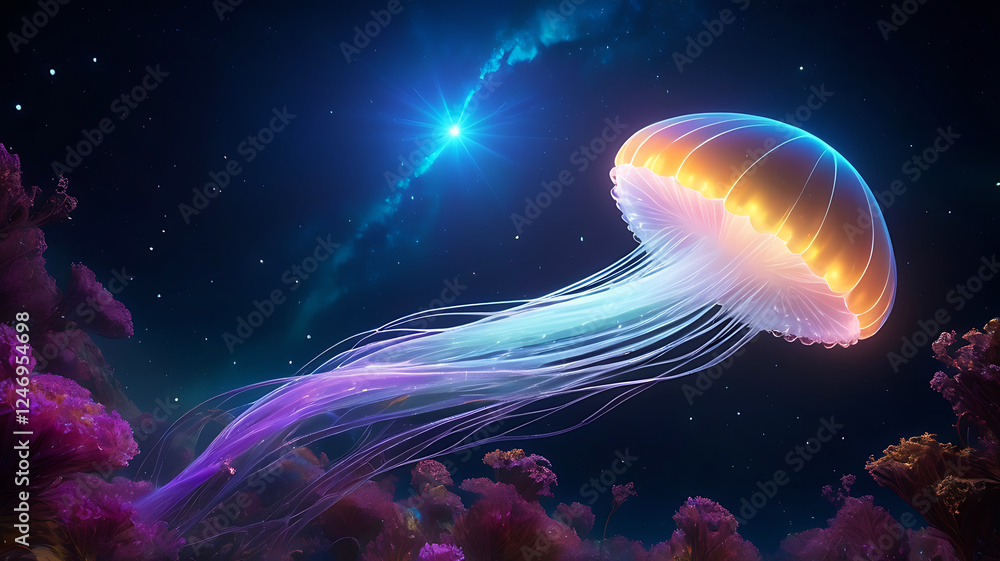 Naklejka premium Jellyfish floating on the space ocean, Neon jellyfish in cosmic space dust, abstract illustration